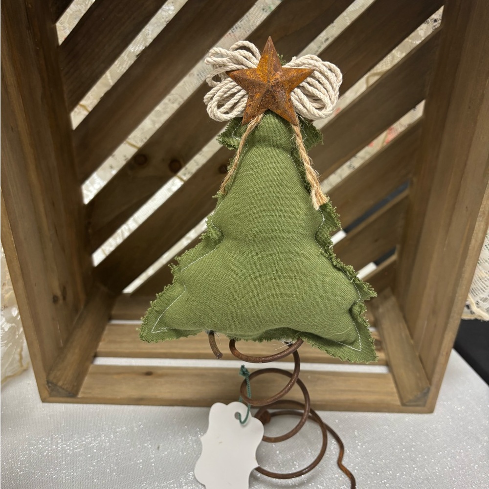 Hand Crafted Green Fabric Tree Topper with Star